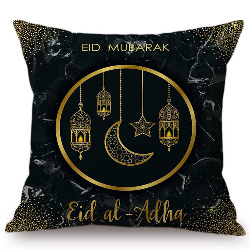 Muslim Arabic Eid Al Adha Mubark Decorative Pillow Case Black Marble Blue Brown Islamic Lantern Ornamental Design Cushion Cover