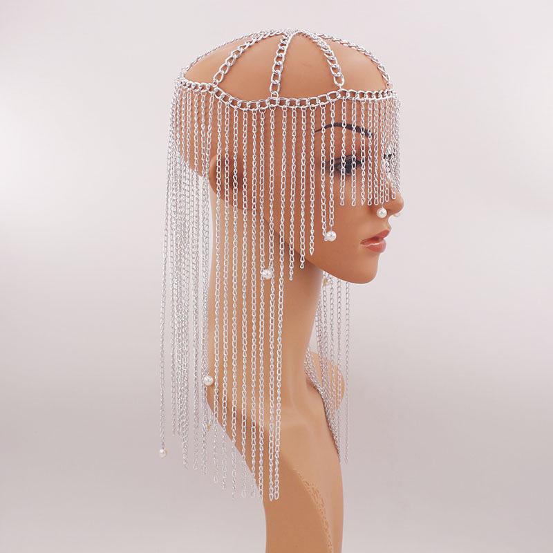 Преувеличенное длинное кисточное алюминиевое цепное украшение на голову с жемчужной подвеской для женщин
