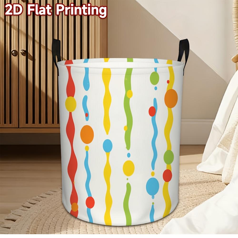 1pc Foldable Portable Round Clothes Hamper Basket with Wavy Stripes & Round Pattern - Sturdy Suitable for Laundry Storage, Space-Saving, Carry Handle