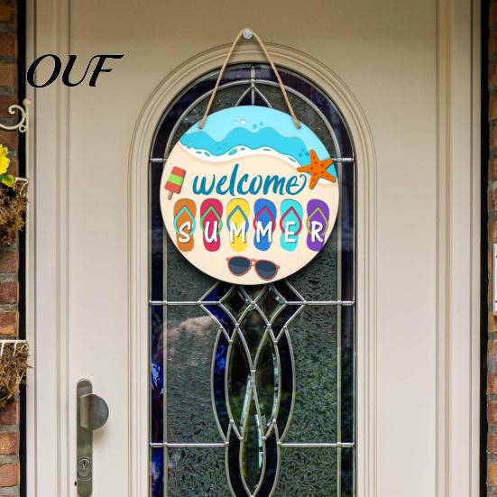 Coastal Home Decor Hello Summer Door Sign, Spring Beach Flowers Welcome Wooden Seaside Decorations Front Hanging Plaque for Wall, Outdoor Porch Garden