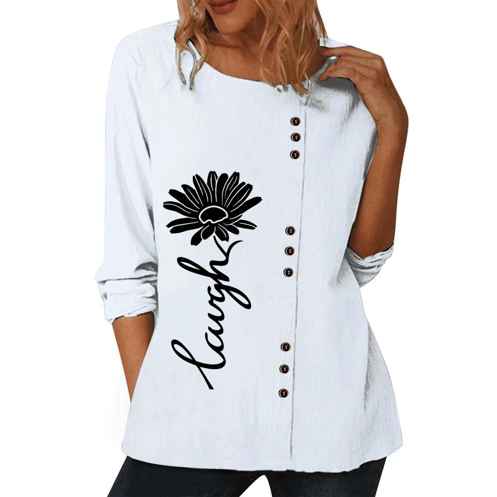 Модный женский белый хлопковый топ с короткими рукавами, шестью уникальными цветочными принтами и пуговицами