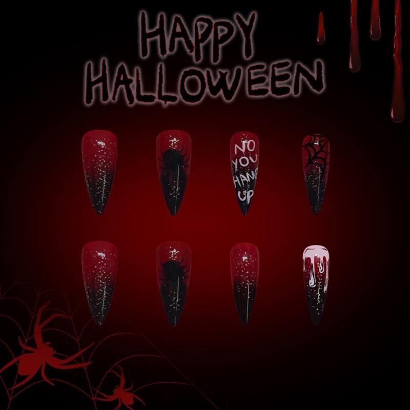 Хэллоуин Накладные ногти Французские кончики Накладные ногти Акриловые ногти Миндалевидные накладные ногти Клеящиеся ногти Наклейки для ногтей для женщин