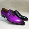 Luxury Men's Genuine Leather Brogue Oxford Shoes Lace-Up Black/Purple Dress Shoes for Wedding Party Business Formal Occasions
