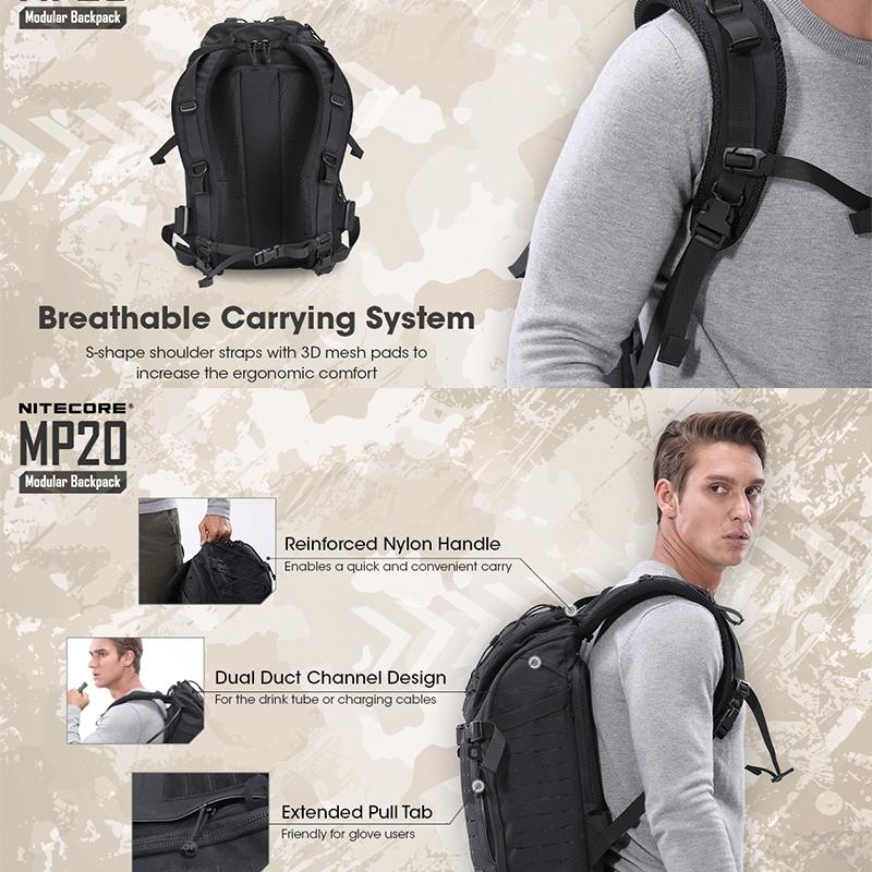 NITECORE Модульный расширяемый рюкзак MP20 емкостью 20 л, водонепроницаемый, дышащий нейлон 500D, S-образные плечевые ремни