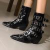 Women's Fashion Patent Leather Pointed Punk Style Belt Buckle Pullback Short Boots European and American Sexy Banquet Boots