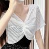 Short Sleeve Mesh Knitted Pullover Top V-neck Sun Protection Shawl T Shirt  Beach