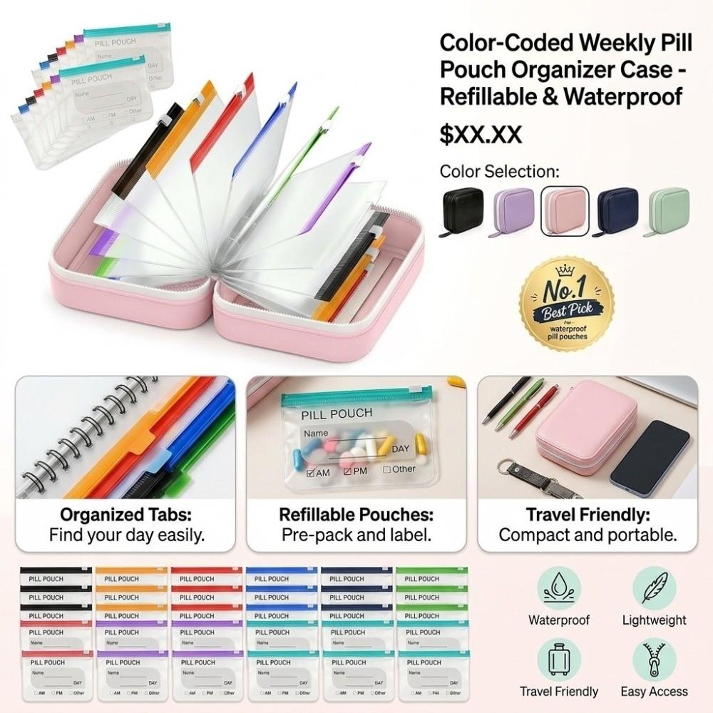 with14 Zippered Pouches Weekly Pill Organizer BPA-Free Medicine Box Bag Daily Travel