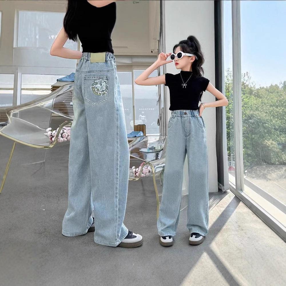 Брюки для девочек Весна и Осень Джинсы с широкими штанинами Модные Корейские брюки с прямыми штанинами и задними карманами