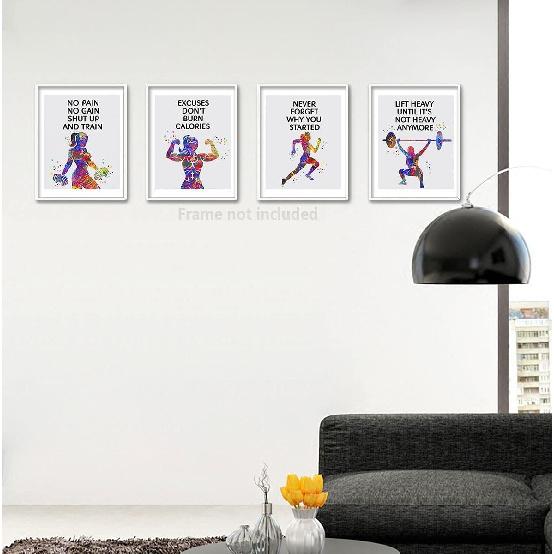 Watercolor Sports Fitness Poster,Sports Fitness Art Print,pirational quotes from the gym wall decoration,Training Practice Running Boxing