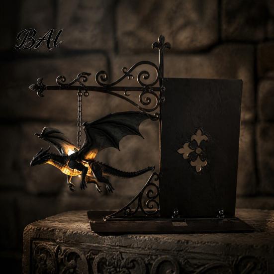 Dragon Statue for Desk Magical Flying Bookshelf Lamp, Warm Hanging Night Light, Fantasy Room Decor Reading Nook Decor, Unique Gift Lovers Book Readers