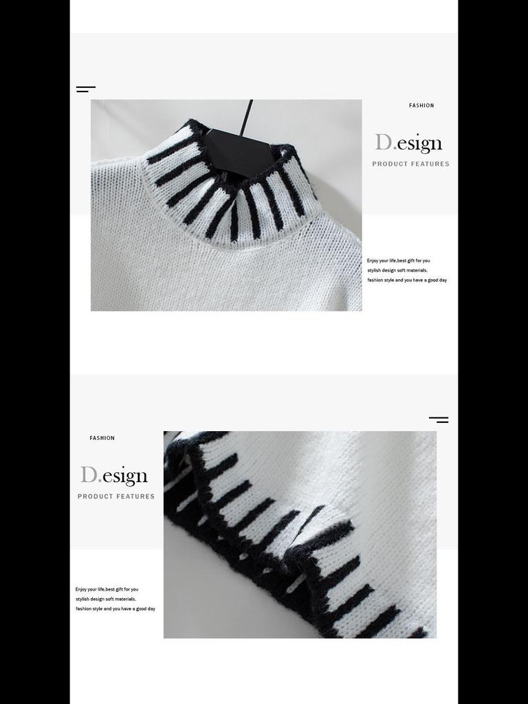 Женский свитер-пуловер с высоким воротником в стиле ретро 2024 года в стиле колор-блок — европейский и американский стиль для осени/зимы