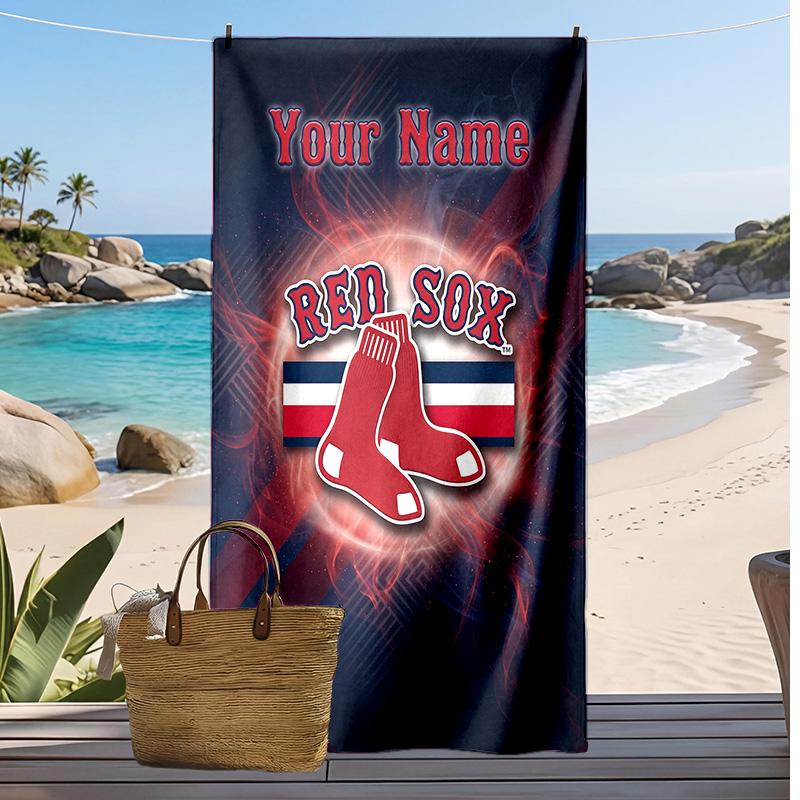 Boston Red Sox Custom Beach Towel, Print Your Name Text Lightweight Absorbent Towel for Swimming Travel