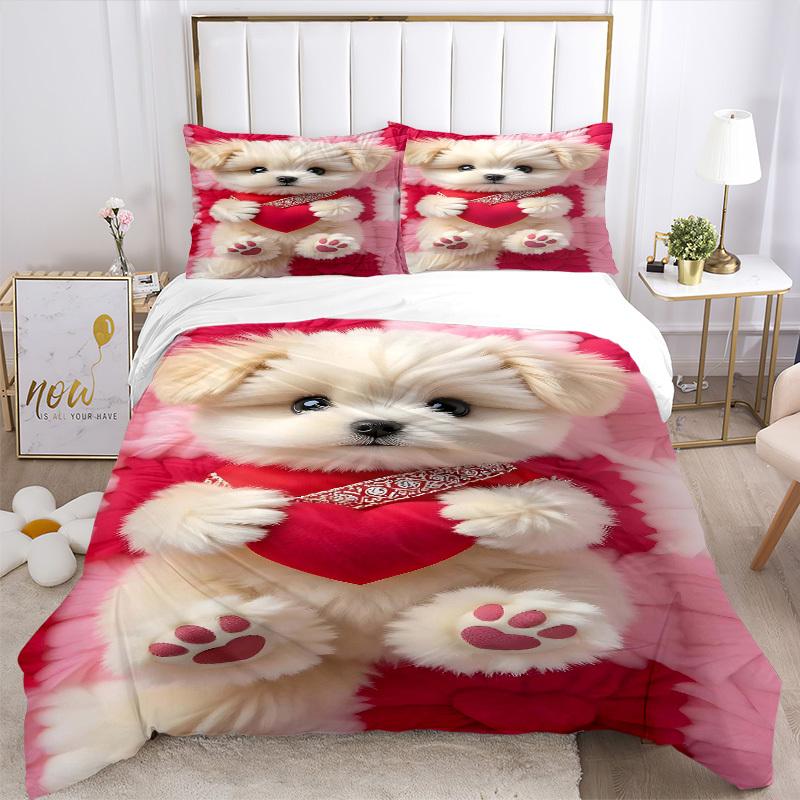 3pcs Anime Cute Dog Heart Pillowcase Set - Includes One Quilt Cover and Two Pillowcases (No Core) - Polyester Fabric, Perfect for Bedroom and Gue