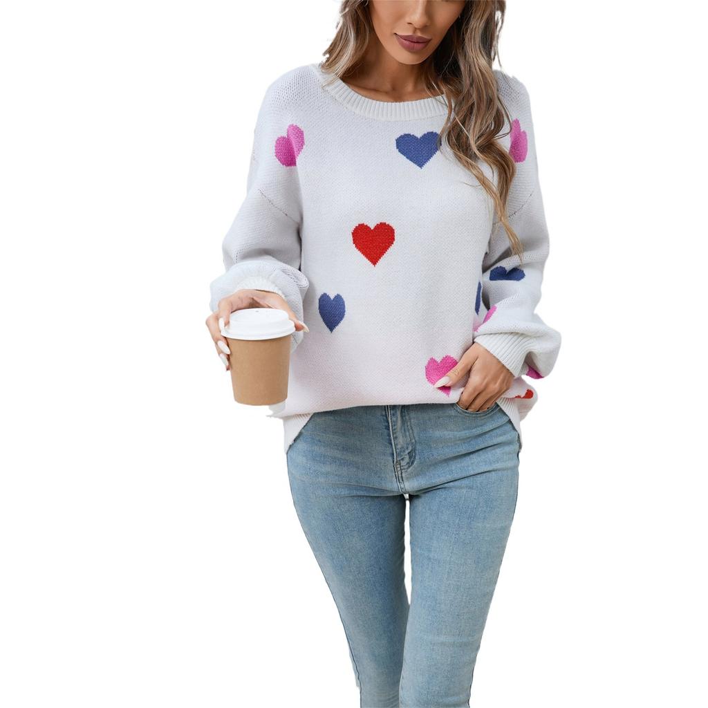 Женский свободный повседневный модный свитер с круглым вырезом и сердечком, вязаный свитер-рубашка