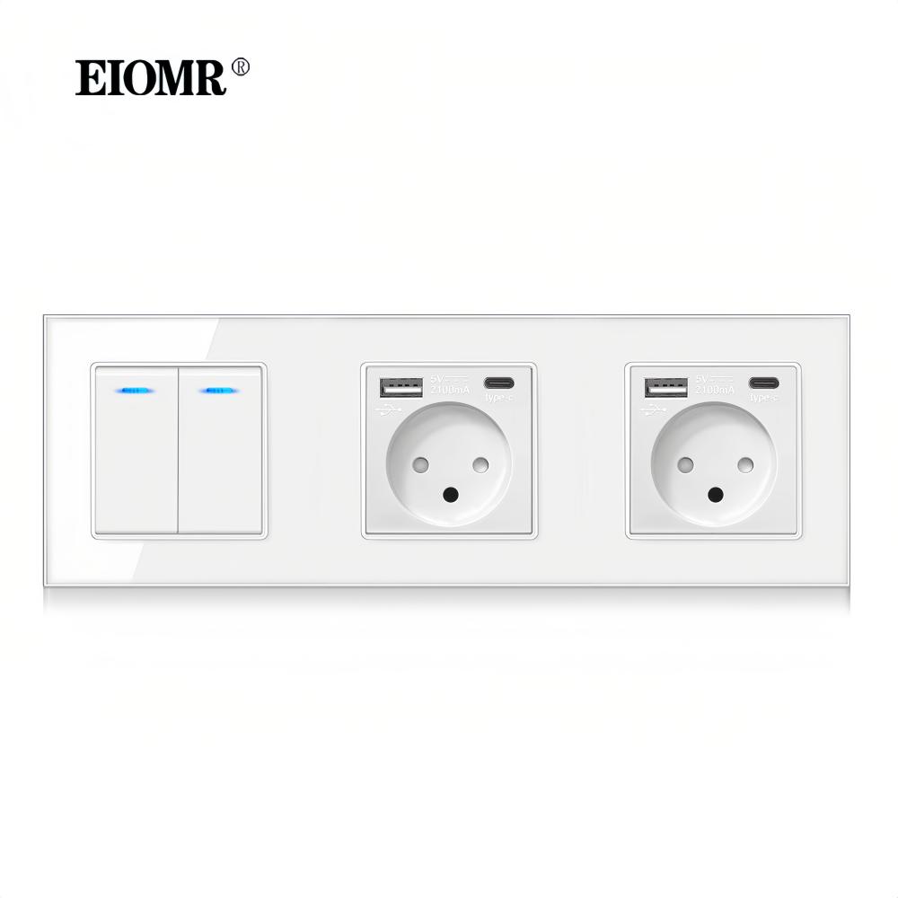EIOMR 16A Израильская настенная розетка, USB A C порт для зарядки, Белая панель из хрустального стекла, Одиночная, Двойная, Тройная, Израильский тип C розетка
