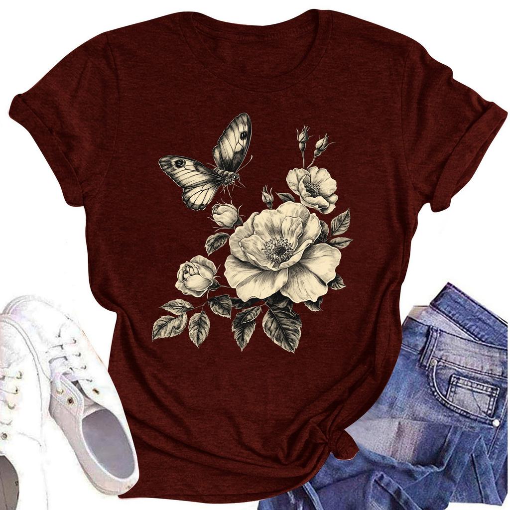 Женская повседневная футболка с круглым вырезом и цветочным принтом, короткий рукав