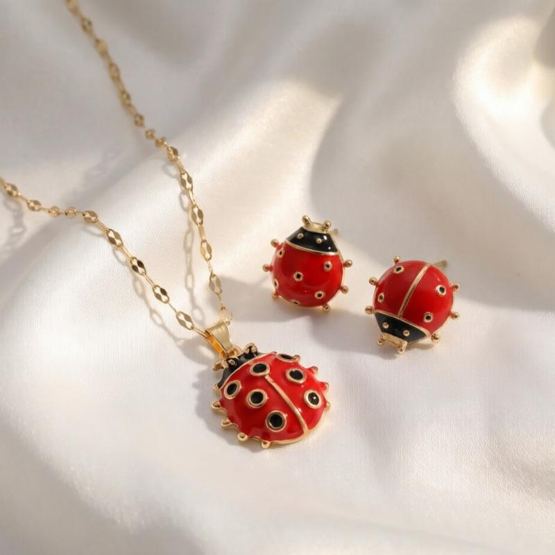 Hot-selling ladybug style necklace stud earrings set female retro cute insect theme jewelry