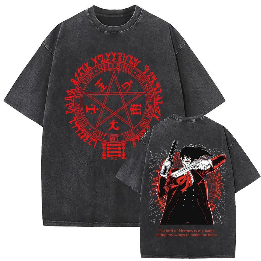 Hot Sale Anime Hellsing Abraham Van Helsing Vampire Alucard Print Tshirt Men Women Vintage Washed Cotton Summer Tee Oversize Top