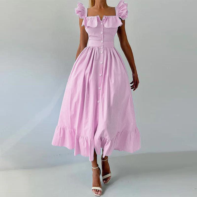 ZANZEA Summer Women Flare Sleeve Buttons Striped Casual Holiday Pleated Dress