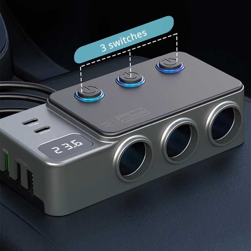 Car Cigarettes Lighter Adapter Multiple Port USB C Charging 3Socket PD35W for Heavy Duty Truck with Independent Switches