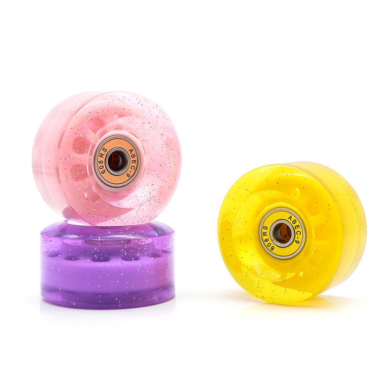 Double Row Roller Skates with High Elastic PU Wheels, 82A Color Sequin Non-Luminous Transparent Wheels.