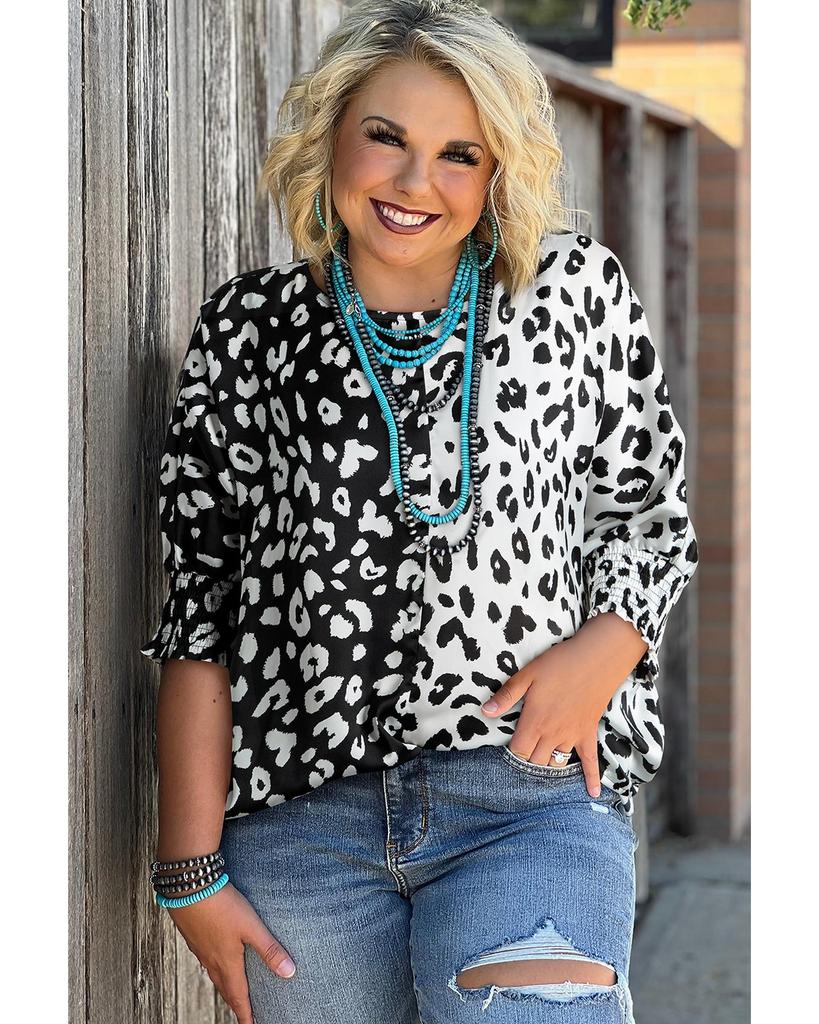 Azura Exchange Черная блузка большого размера с контрастным леопардовым принтом и короткими рукавами