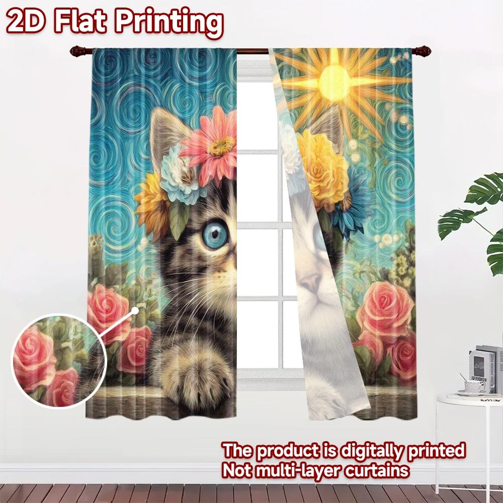 2D flat printing 2pcs Curtain Curtain Spring Kitten with Flowers Digital Printed Polyester Drapes Party Decorations Use for