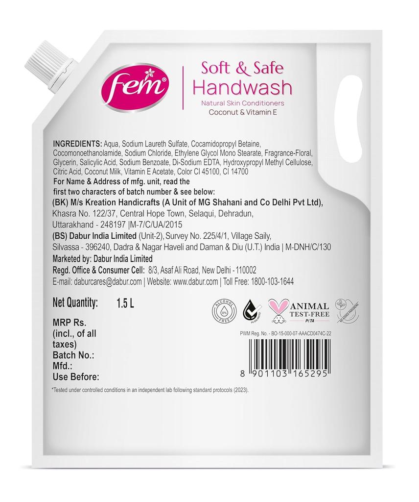 Dabur Fem Floral Bouquet Handwash 1500ml Pack | Soft & Safe Liquid Soap With Coconut Milk & Vitamin E | Moisturizing Germ Protection