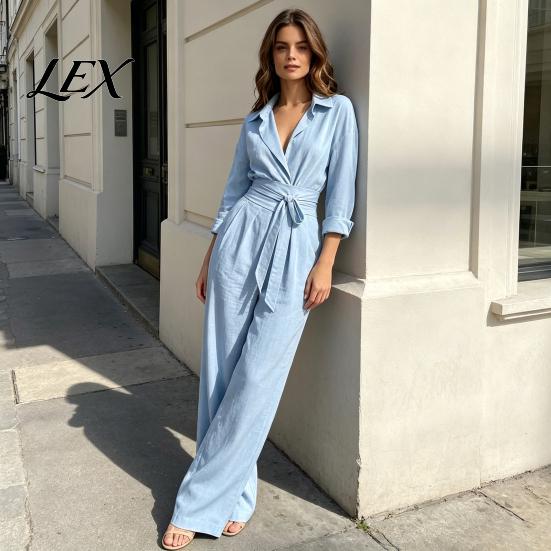 Women Wide Leg Pants V Neck Long Sleeves Jumpsuit, Collared One Piece Romper with Breathable Jumpsuits Belt, Solid Color Dressy Casual Fall Outfits