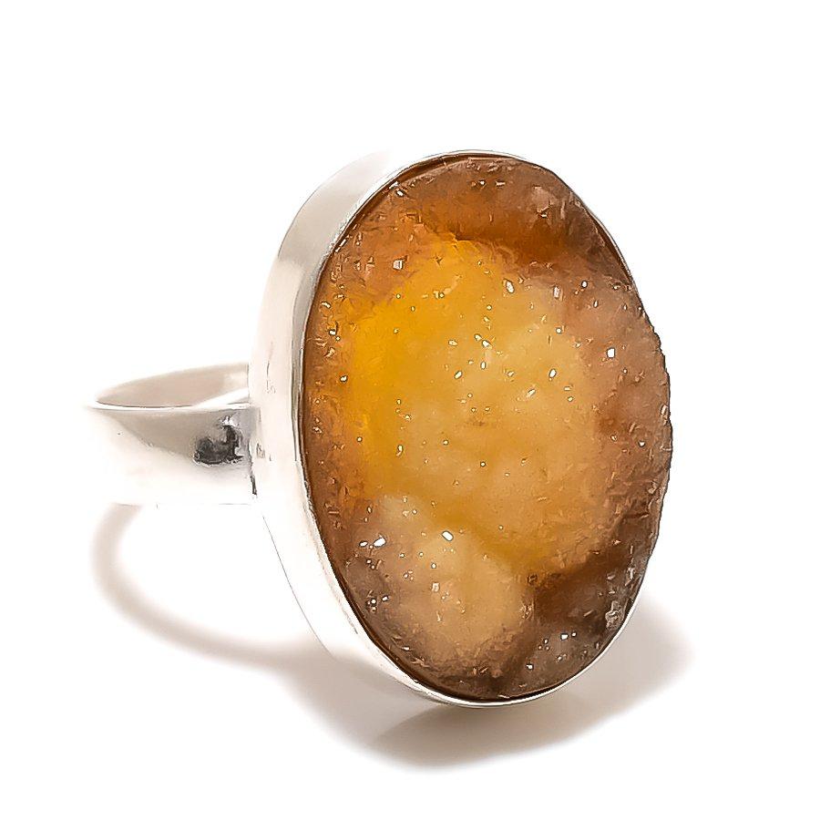 Brown Druzy Gemstone 925 Sterling Silver Jewelry Ring Size Adjustable GK-4409