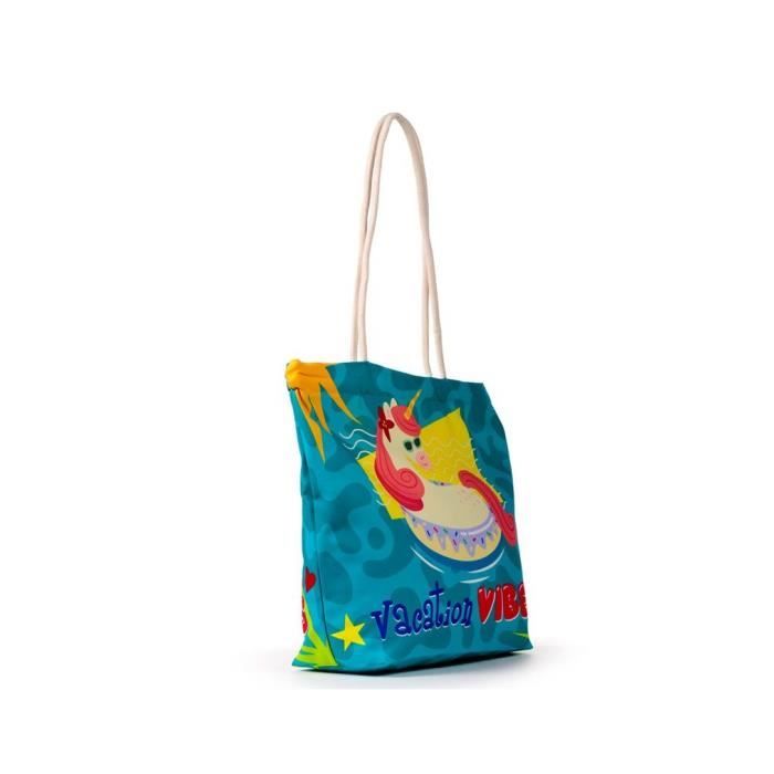 Sac de plage - Licorne - 55 x 41 cm - Coton - Fermeture zip - Mixte