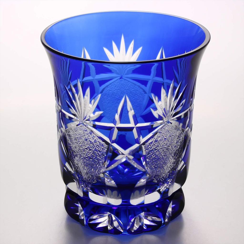Sumida Edo Kirikokan Rocks Glass Indigo 280 мл Edo Kiriko Junichi Komata Warm Glass Five Star Flower and Chrysanthemum Connection Pattern FG4-1