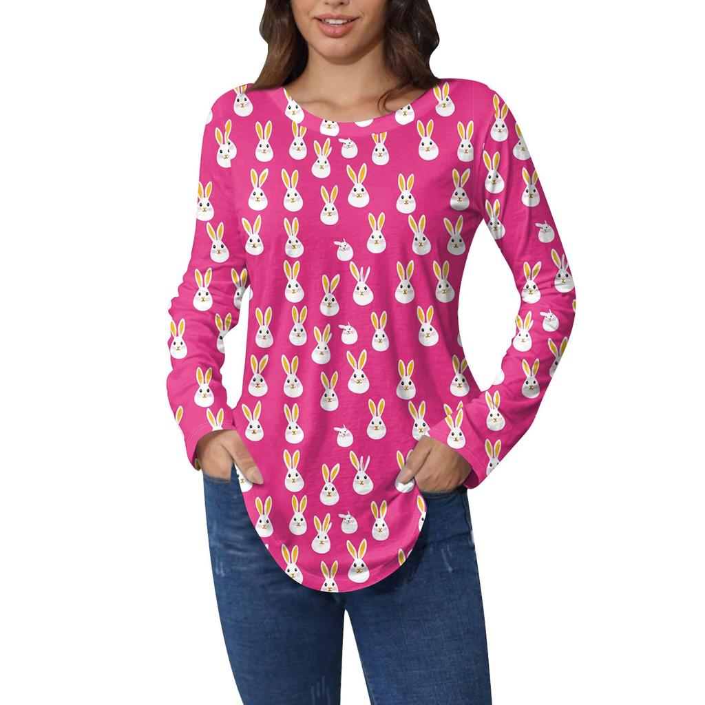 Пасхальные рубашки для женщин Милая футболка с принтом в виде сердца с длинным рукавом Туника Топы из хлопка Пуловеры