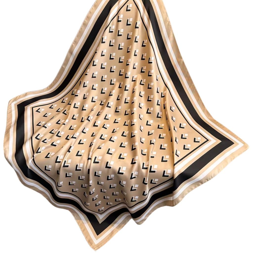 Beige Scarf 90x90 with a Geometric Pattern - Subtle Elegance and Retro Style