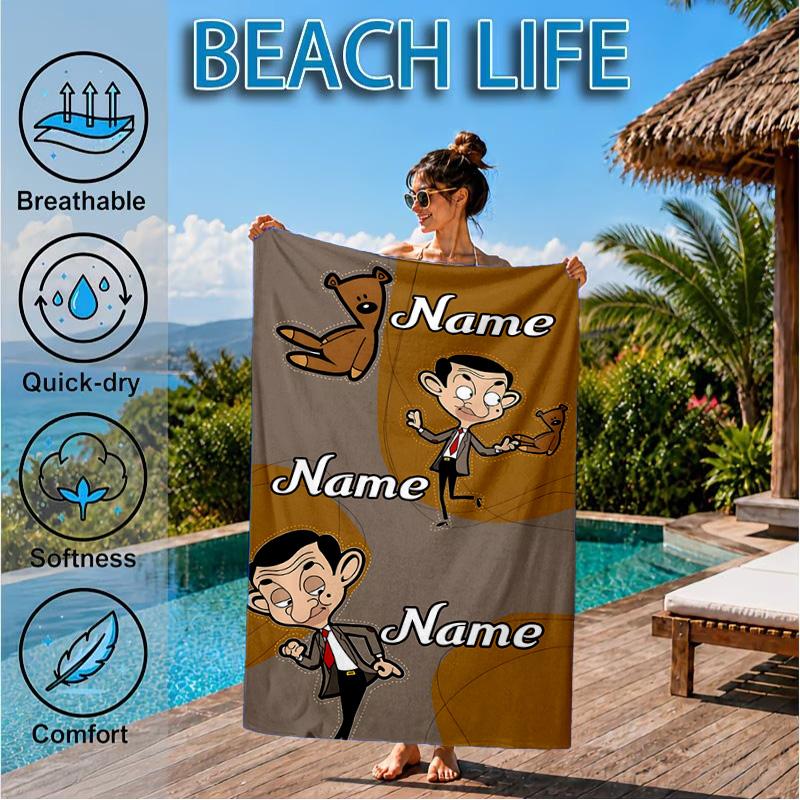Custom Name Bean's Head Adventure Beach Towel Microfiber Beach Towel, Lightweight and Quick-Dry, for Summer Travel, Swimming Pool Gift