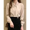Korean Spring and Autumn New Work Clothing Ol White Bow Collar Temperament Wild Slim Looking Long Sleeve Shirt Top Shirt