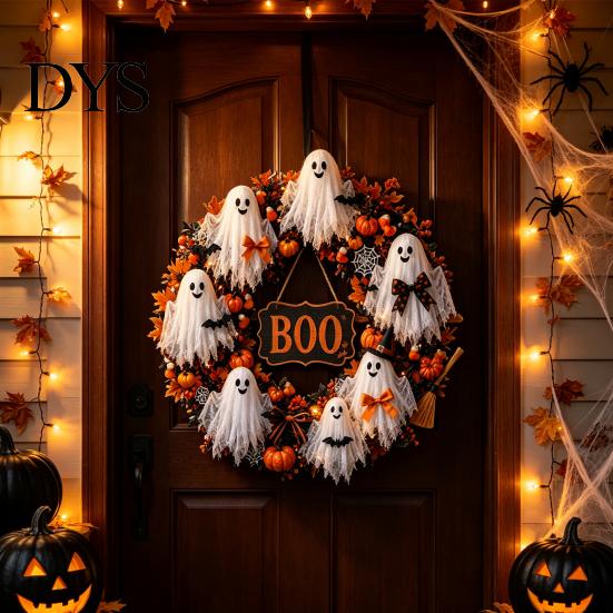 Decorative Fall Wreath Halloween Boo Ghost Wreath, Spooky Door Hanging Decoration with Pumpkins Holiday Home Accents And Spider Webs for Front Porch,
