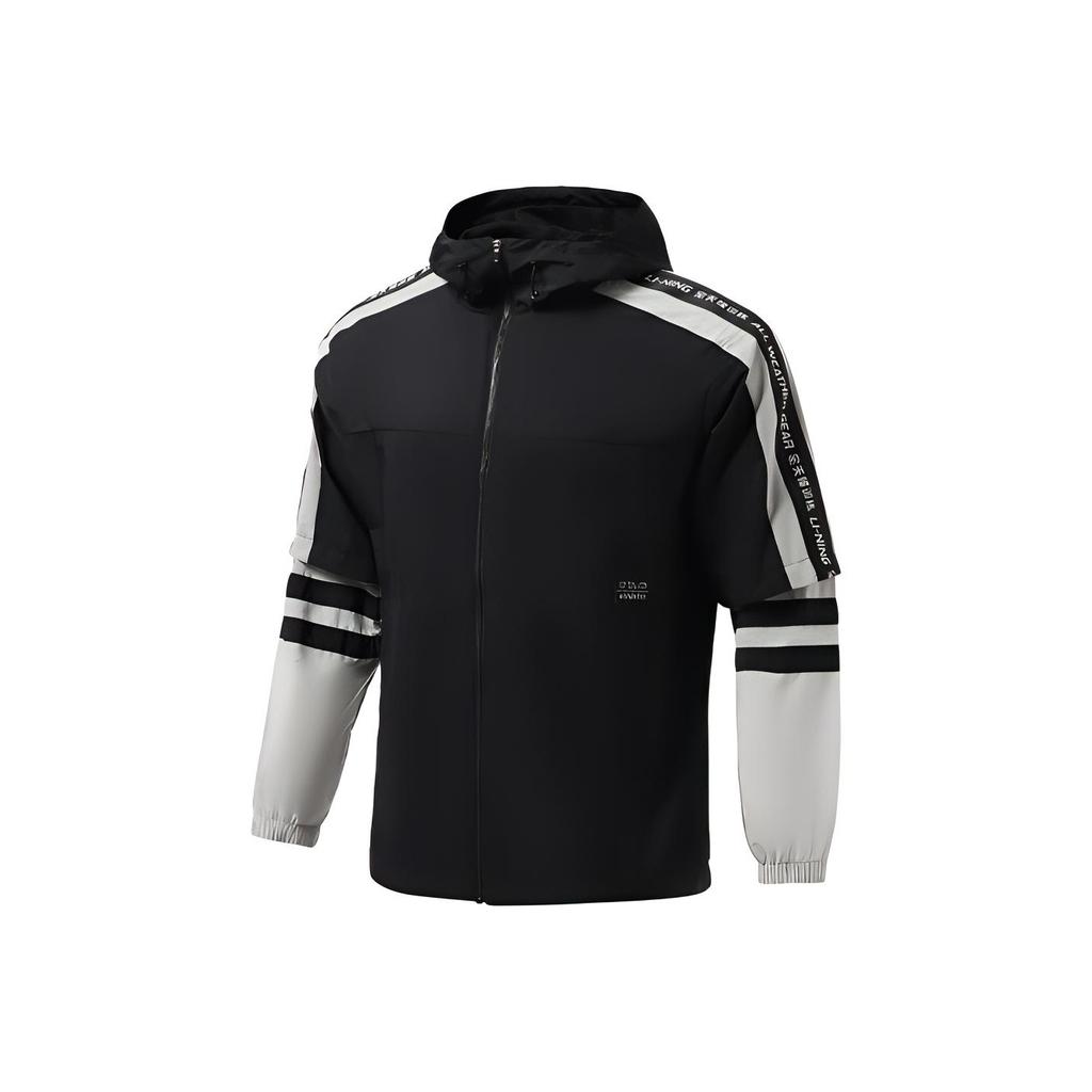 Li Ning Fitness Series Повседневная дышащая свободная спортивная ветровка с капюшоном Мужская верхняя одежда Черный AFDR355-1