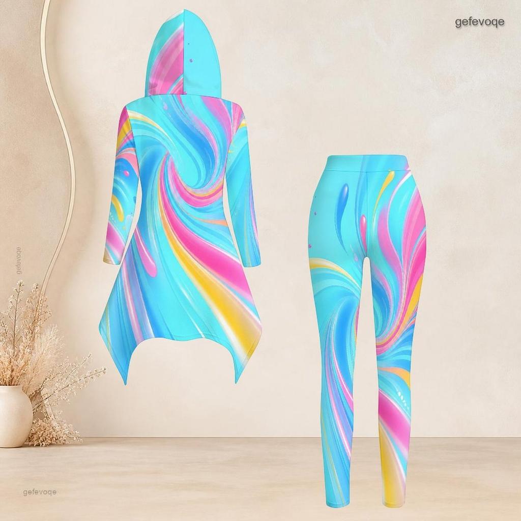 Women Plus Size Hooded Long Sleeve High Low Printed Top Fitted Pants Two Piece Set