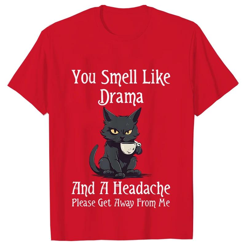 Black Cat Coffee T-shirts Women Pet Cartoon Tshirts You Smell Like Drama Print Women's Clothing Cat Mom Women Tee T-Shirts Women’s