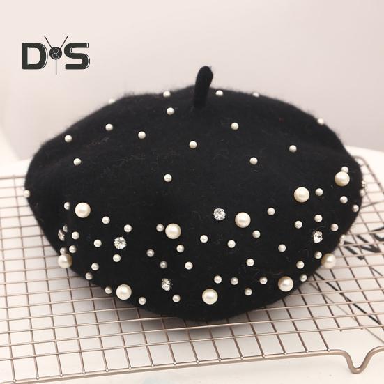 Женский берет с искусственным жемчугом и стразами, винтажная шерстяная шляпа в английском стиле без полей, однотонная, с регулируемыми лямками, кепка-тыква