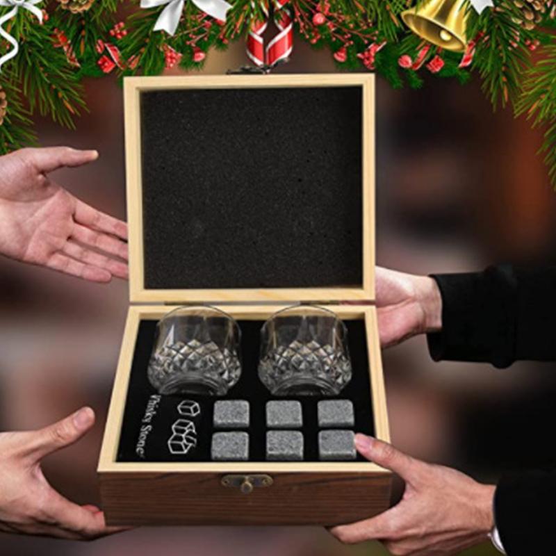 Подарочный набор из 4 предметов: Камни для виски и бокал для виски, Для мужчин | День отца, 6 гранитных камней для виски, 2 бокала для виски, 1 деревянная коробка