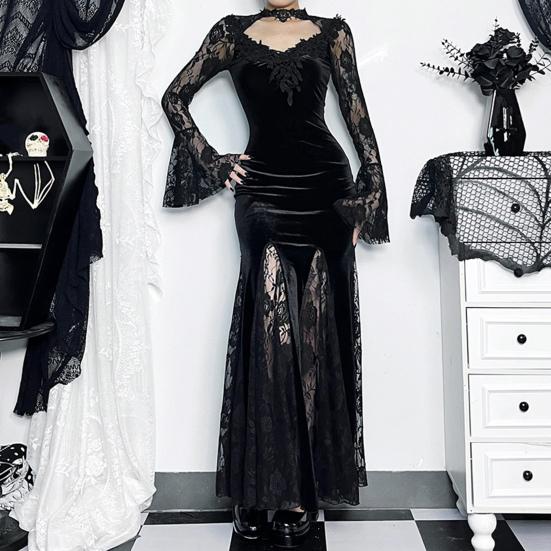 Платье для косплея в темном стиле, костюм для вечеринки на Хэллоуин, кружевное лоскутное платье с вышивкой в виде рыбьего хвоста, длинные рукава, обтягивающее платье А-силуэта для выступлений