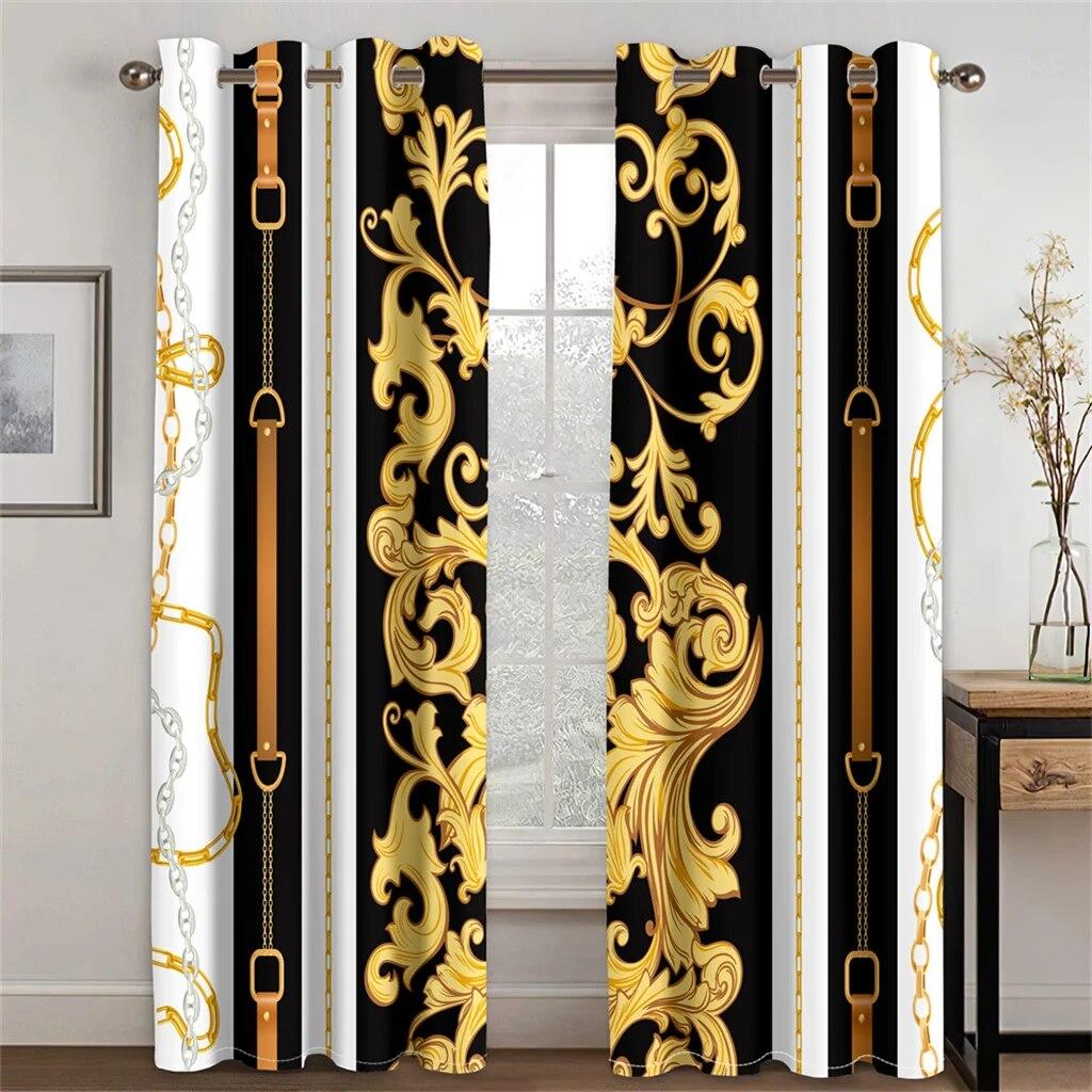 3D Modern Luxury Brand Design Baroque Black Gold 2 Pieces Thin Shading Window Curtain For Living Room Bedroom Decor Rod Pocket