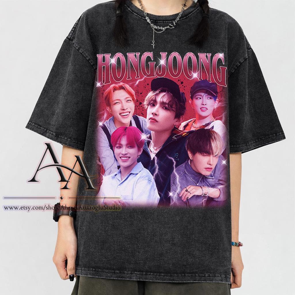 Винтажная футболка Hongjoong Ateez с минеральной стиркой, Подарки для фанатов Hongjoong Ateez Kpop, Удобная футболка Hongjoong 90-х в стиле бутлег