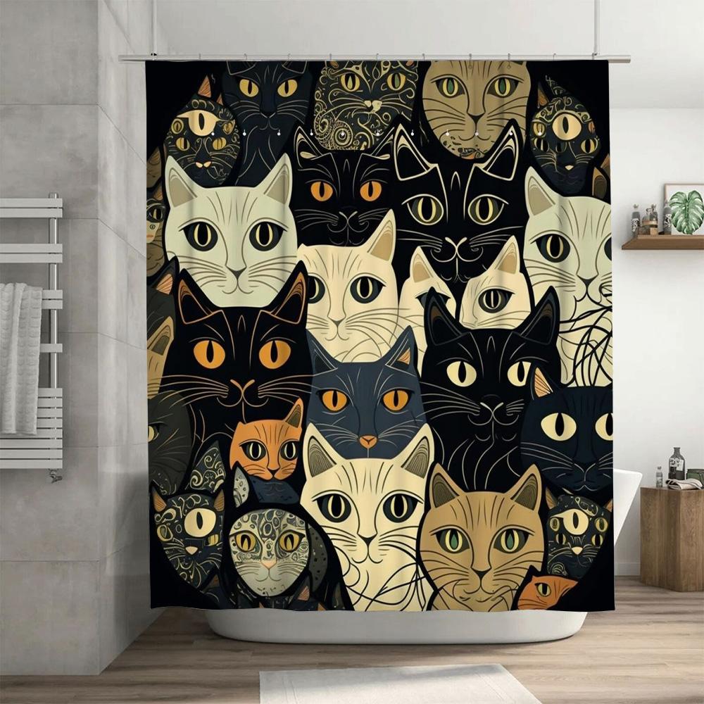 Очаровательные кошки Занавеска для душа Черно-белая с желтыми акцентами Узор Декоративный текстиль для ванной Водонепроницаемая ткань Разные размеры в наличии