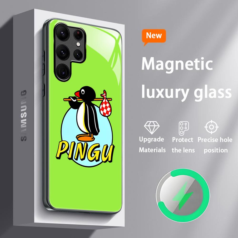 Милый Мультяшный Пингу Популярный Чехол Для Телефона Для Samsung S25 S24 S23 S22 S21 S20 Plus Ultra Note20 Стеклянный Магнитный Чехол