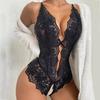 Sexy Women Bodysuit See-through Hollow Out Lace Bow Open Crotch Sleeveless Sknny Low-cut Cross Back Adjustable Spaghetti Strap Honeymoon Wedding