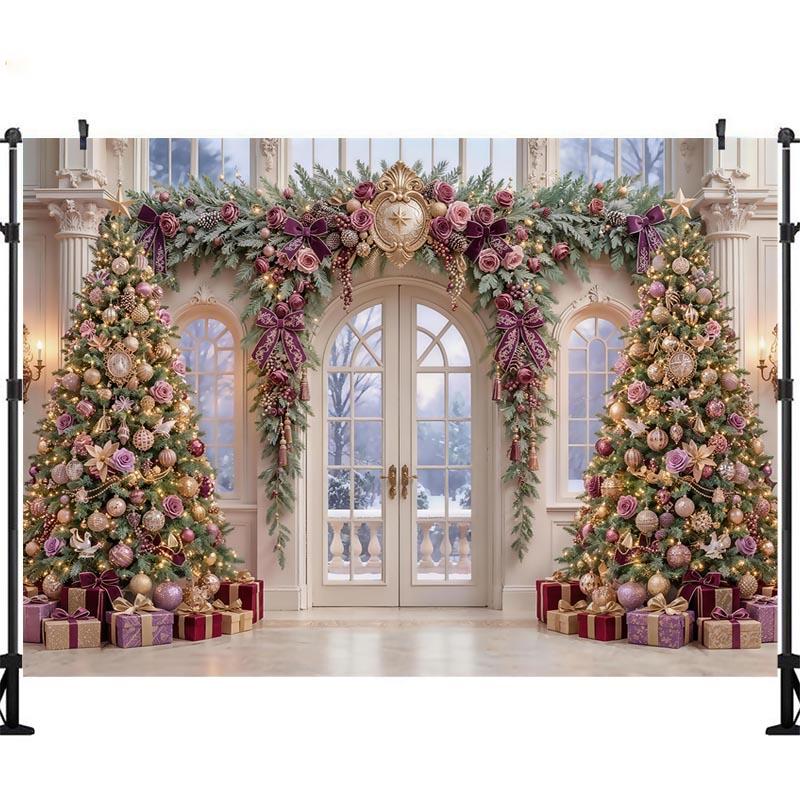 LS Christmas Window Trees Backdrops Kids Baby Photography Props Child Photocall Decors Fireplace Snowy Scene Backgrounds