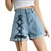 Women's Summer Jeans Wide Leg Pants High Waist Binding Rope Decorative A-Type Denim Shorts